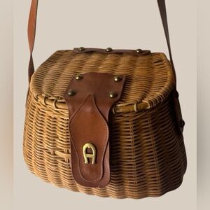 Vintage Etienne Aigner Woven Rattan Crossbody Bag with Leather Trim - Brown